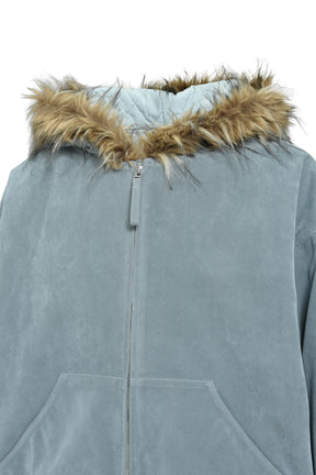 FAUX LEATHER FUR HOODED JACKET / ICE