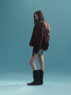 FAUX COWHAIR HOODED DOWN JACKET / RED