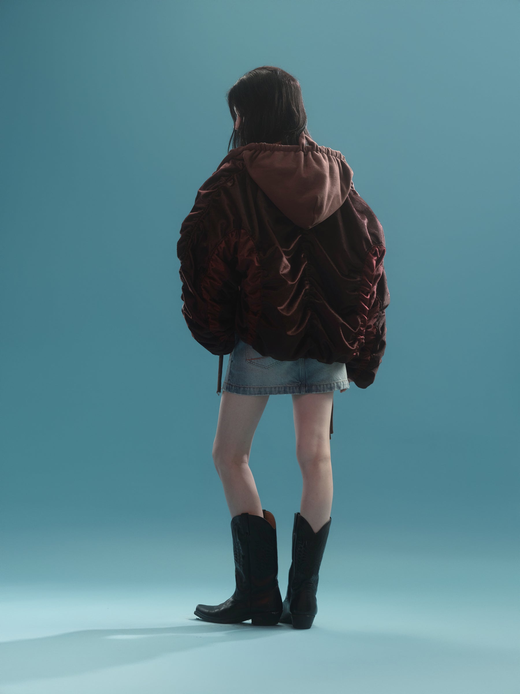 FAUX COWHAIR HOODED DOWN JACKET / RED