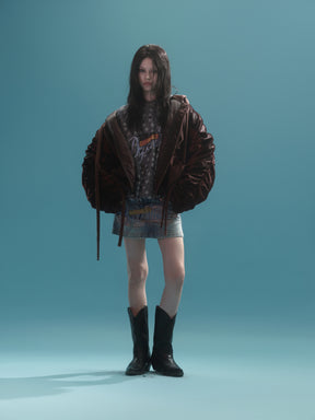 FAUX COWHAIR HOODED DOWN JACKET / RED