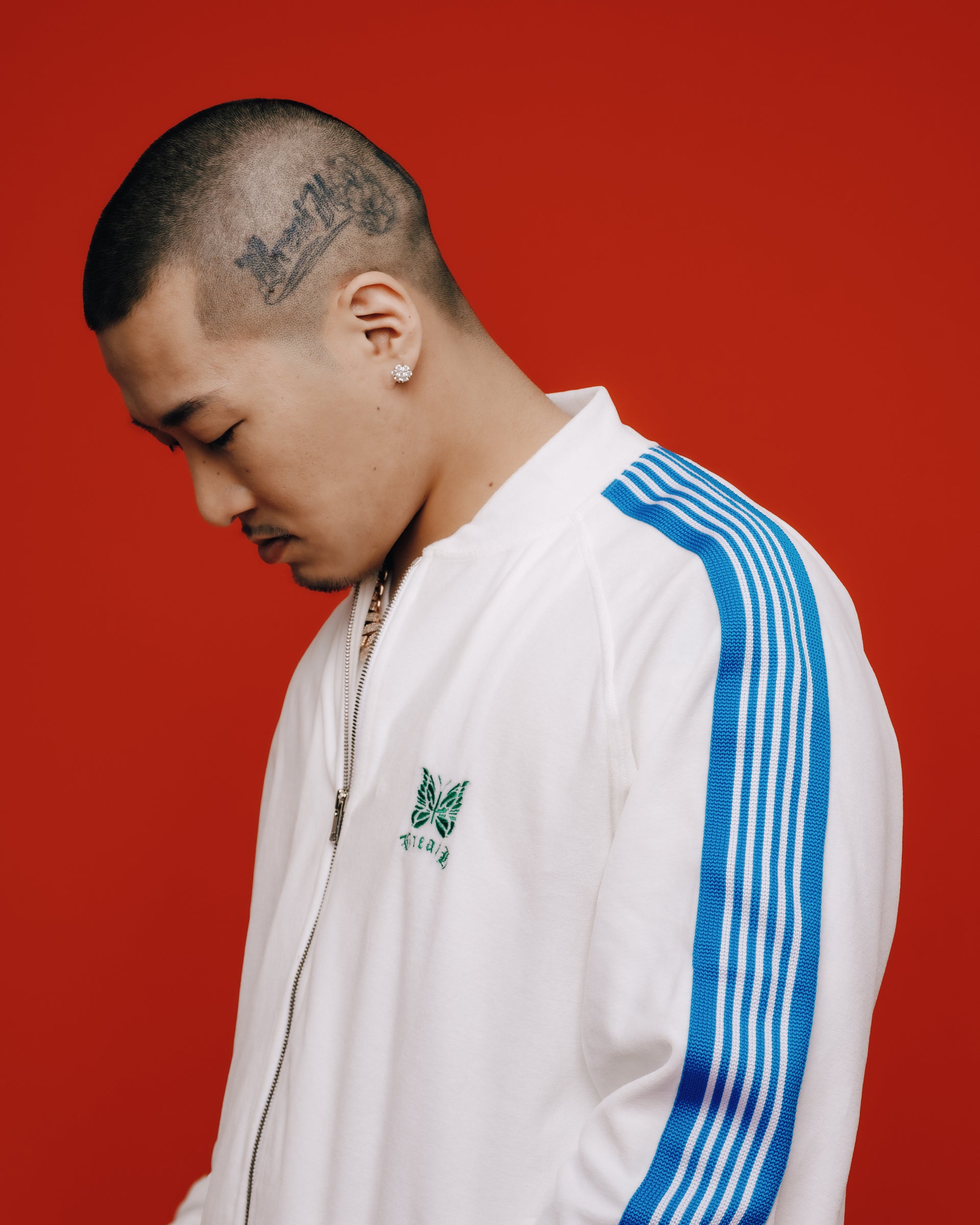 RIB COLLAR TRACK JACKET - C/PE VELOUR / WHT MULTI