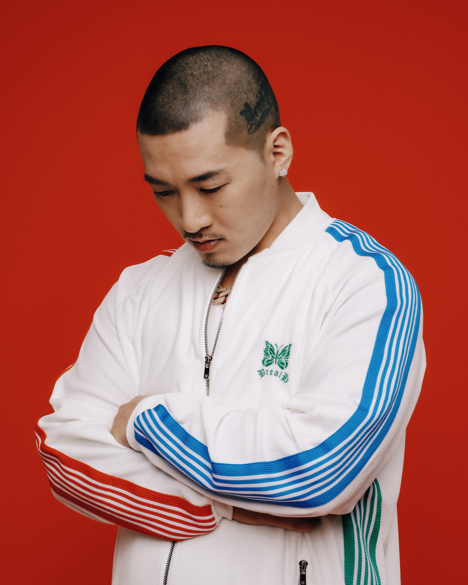 RIB COLLAR TRACK JACKET - C/PE VELOUR / WHT MULTI