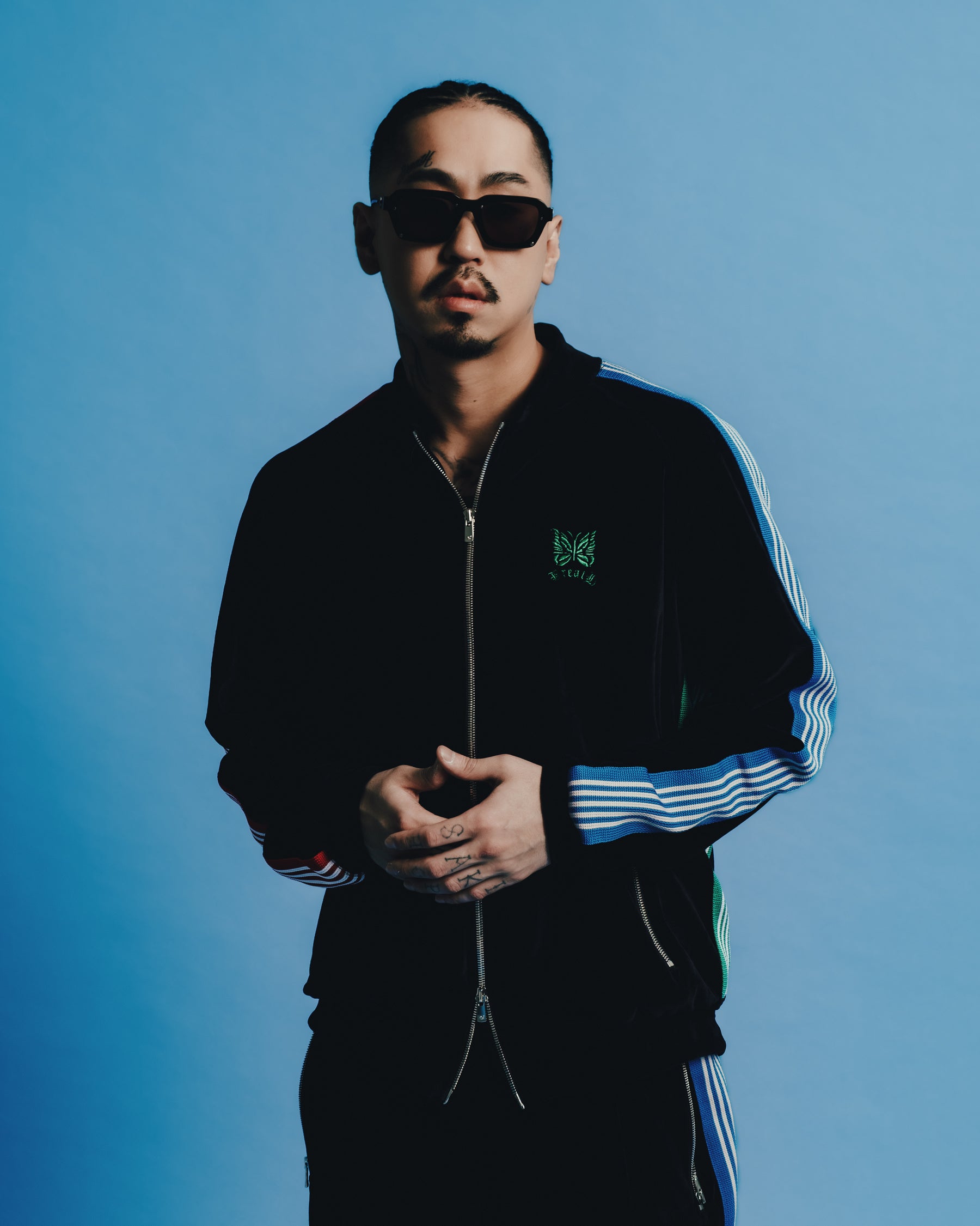 RIB COLLAR TRACK JACKET - C/PE VELOUR / BLK MULTI