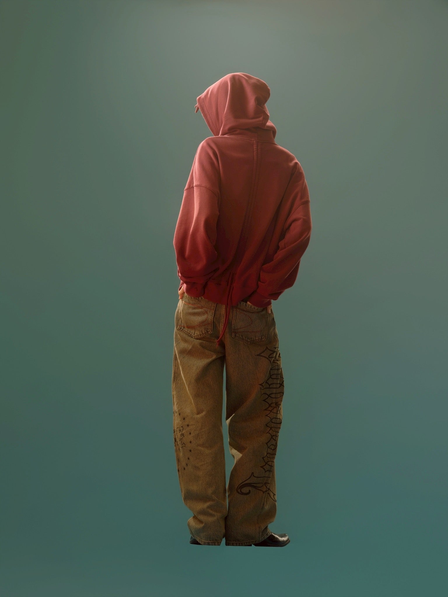 DRAWSTRING GRADIENT WASH HOODED SWEATSHIRT / RED