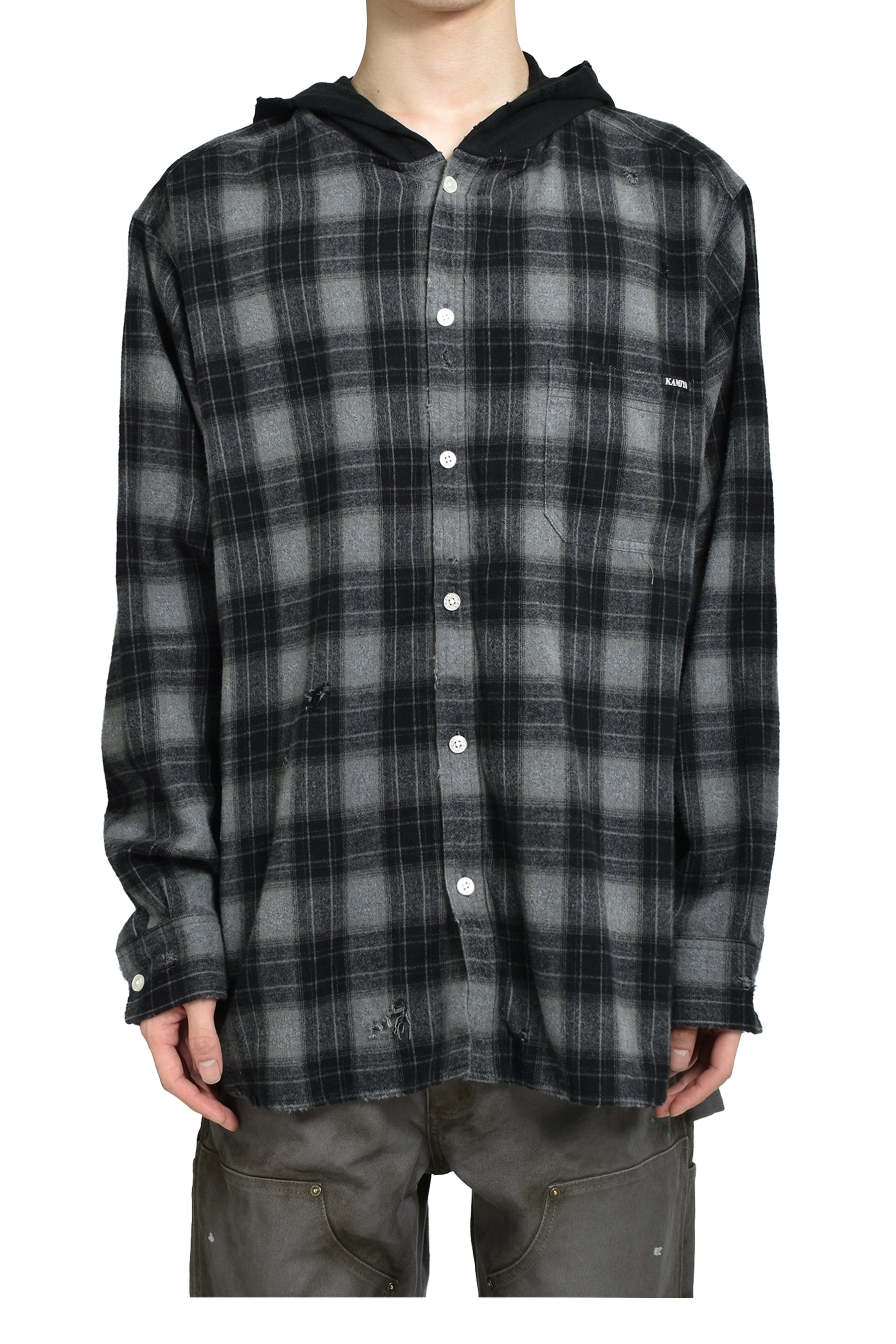 DISTRESSED HOODED CHECKED SHIRT / BLK 