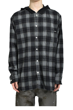DISTRESSED HOODED CHECKED SHIRT / BLK 