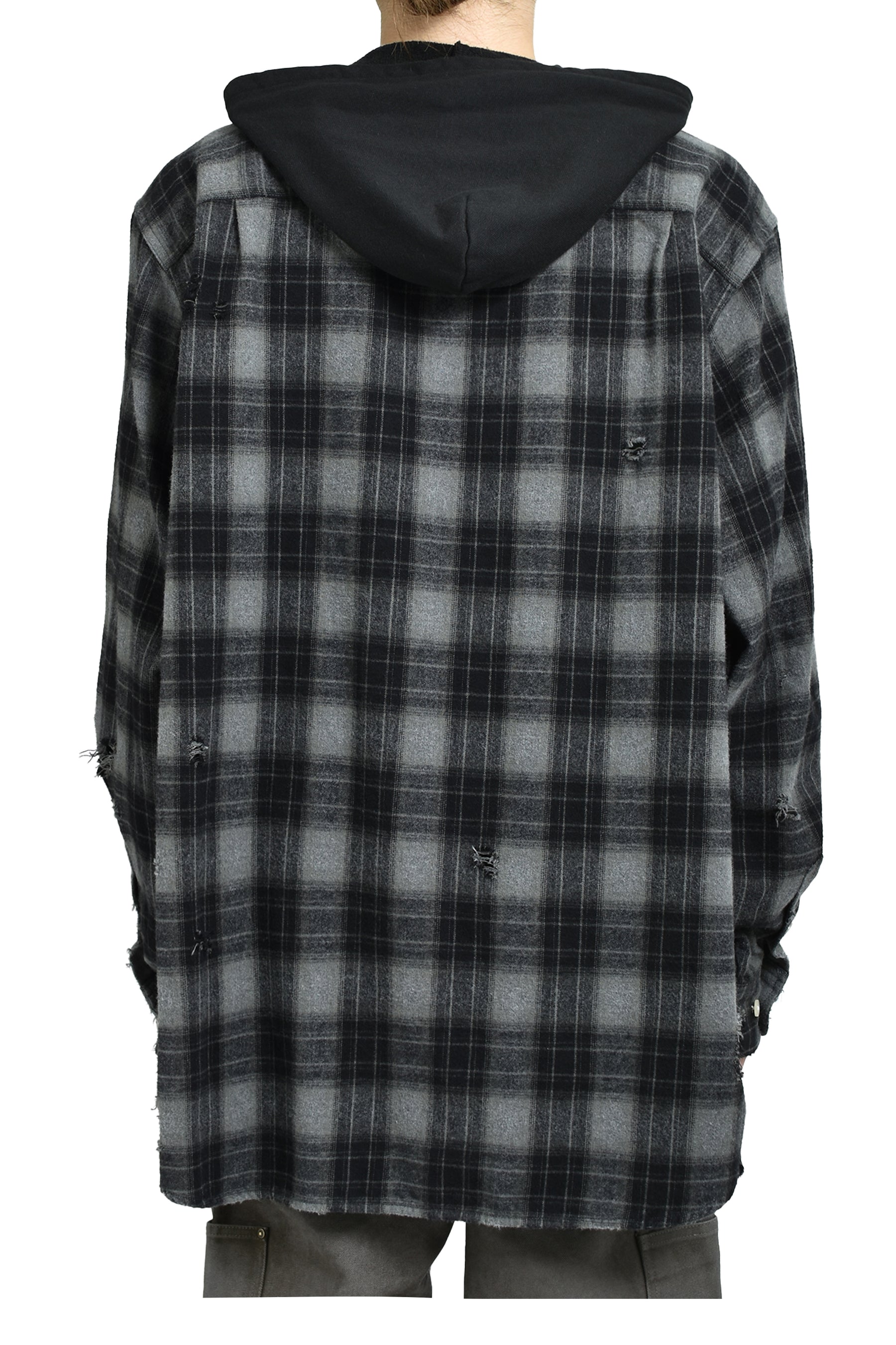 DISTRESSED HOODED CHECKED SHIRT / BLK 