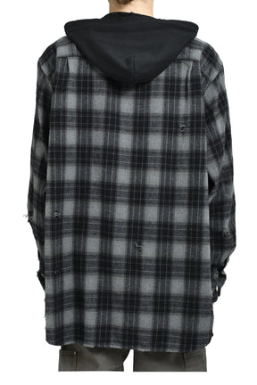 DISTRESSED HOODED CHECKED SHIRT / BLK 