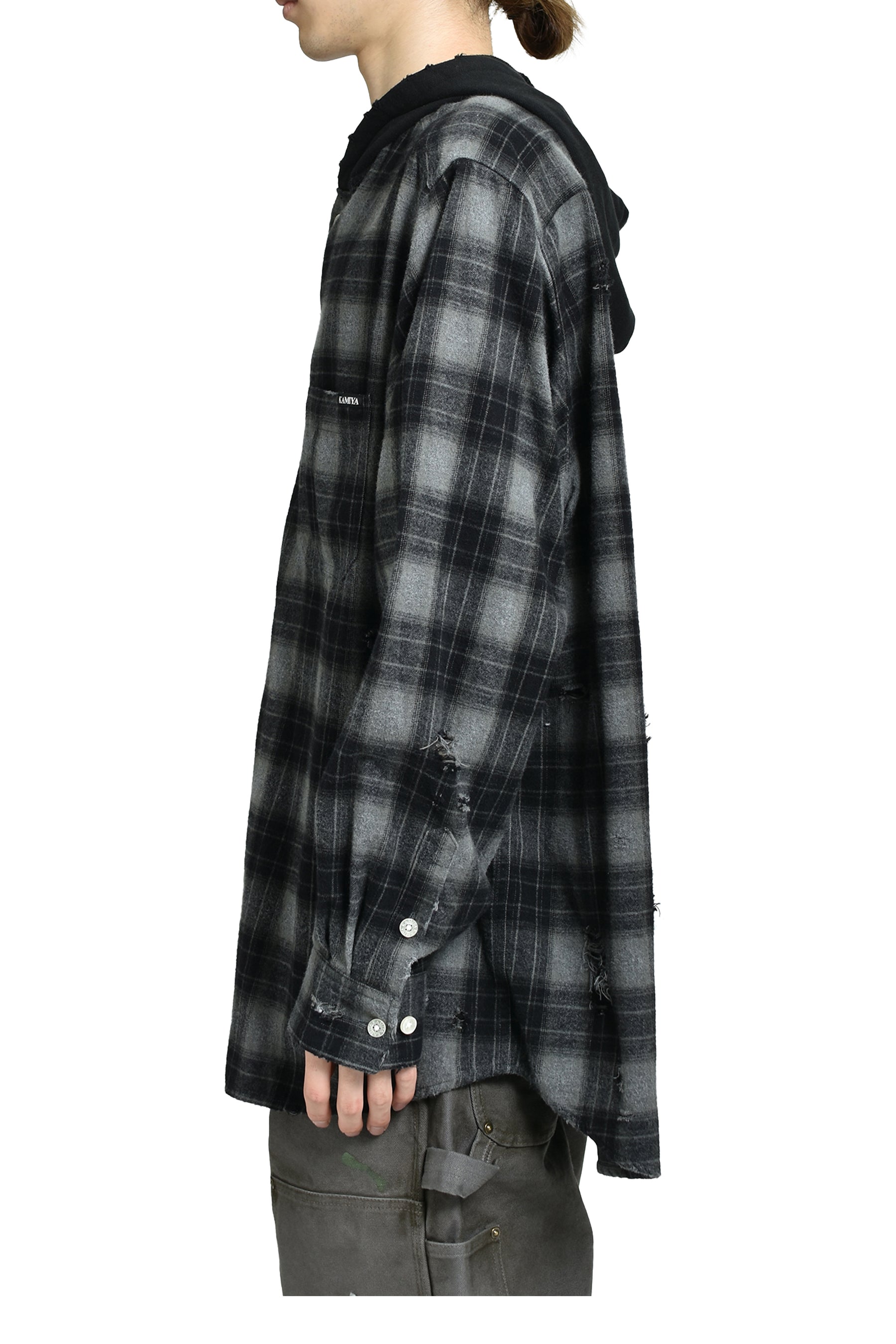 DISTRESSED HOODED CHECKED SHIRT / BLK 