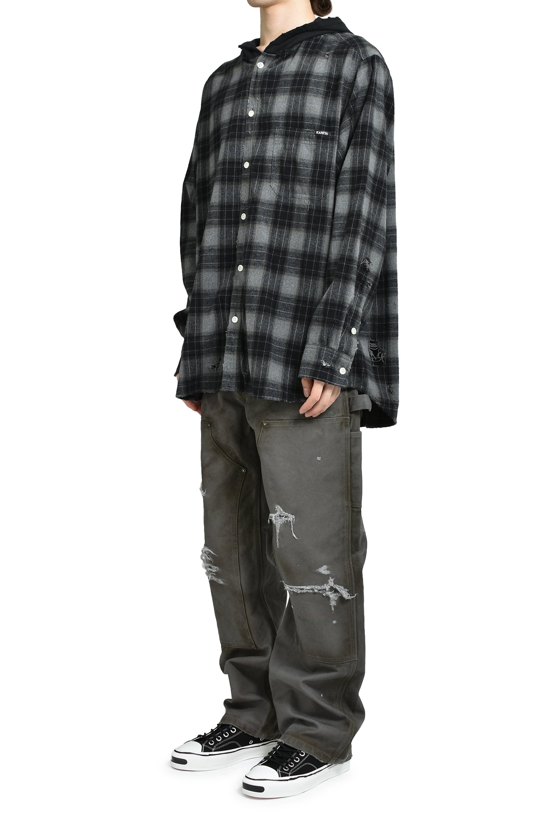 DISTRESSED HOODED CHECKED SHIRT / BLK 