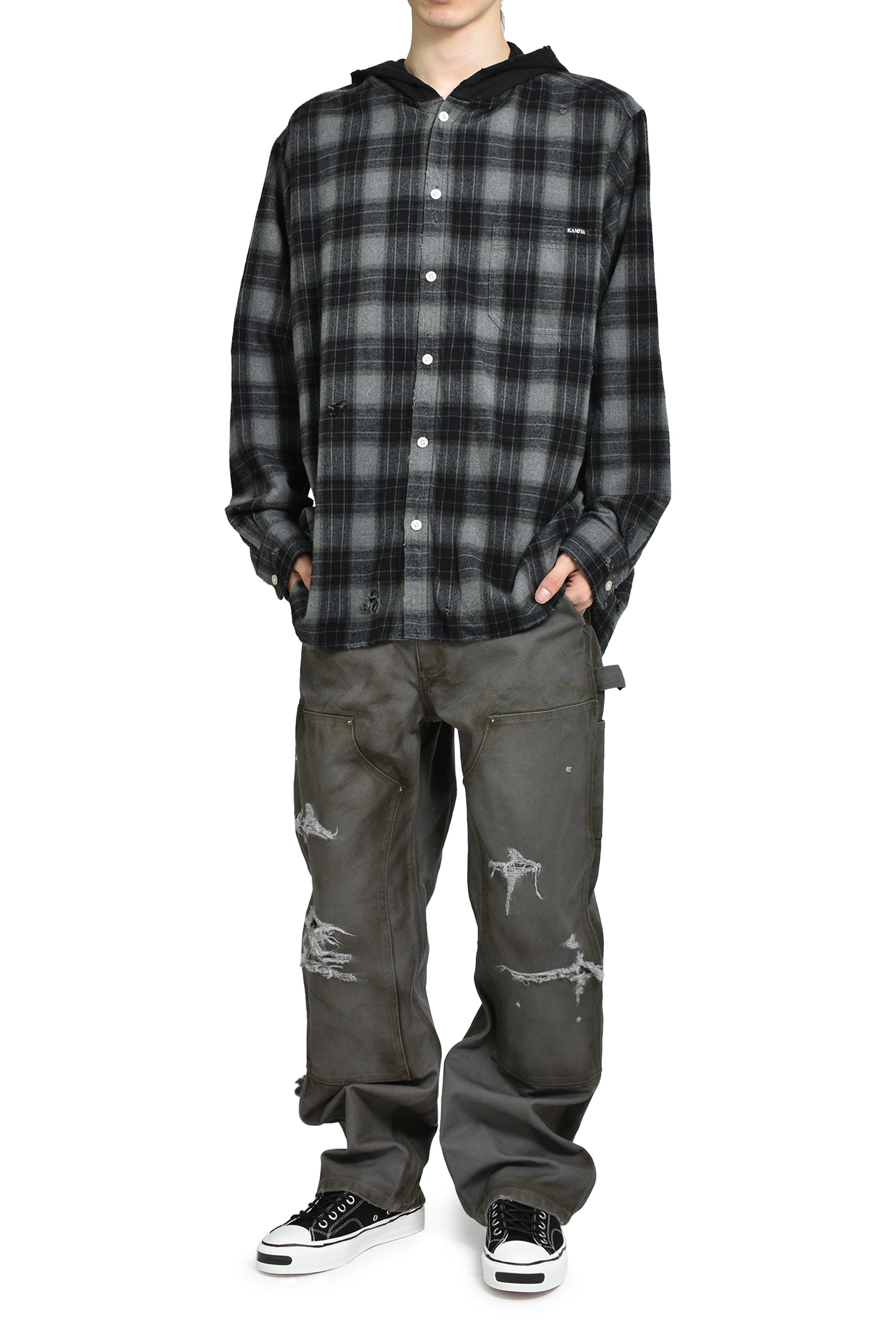 DISTRESSED HOODED CHECKED SHIRT / BLK 