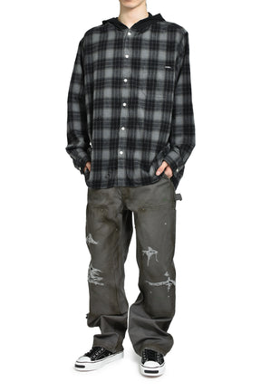 DISTRESSED HOODED CHECKED SHIRT / BLK 