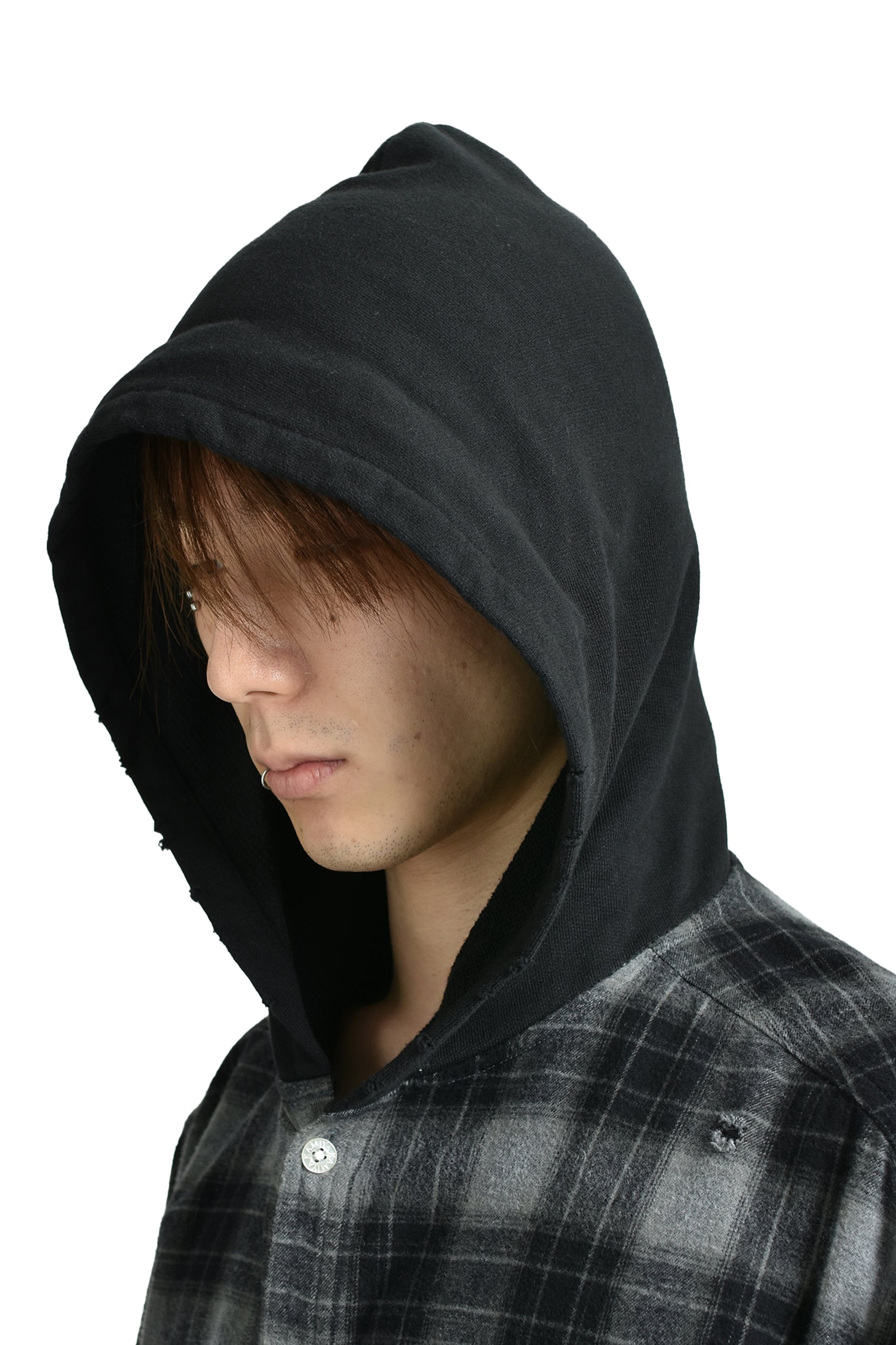 DISTRESSED HOODED CHECKED SHIRT / BLK 