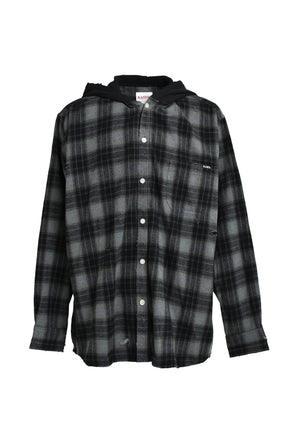 DISTRESSED HOODED CHECKED SHIRT / BLK 