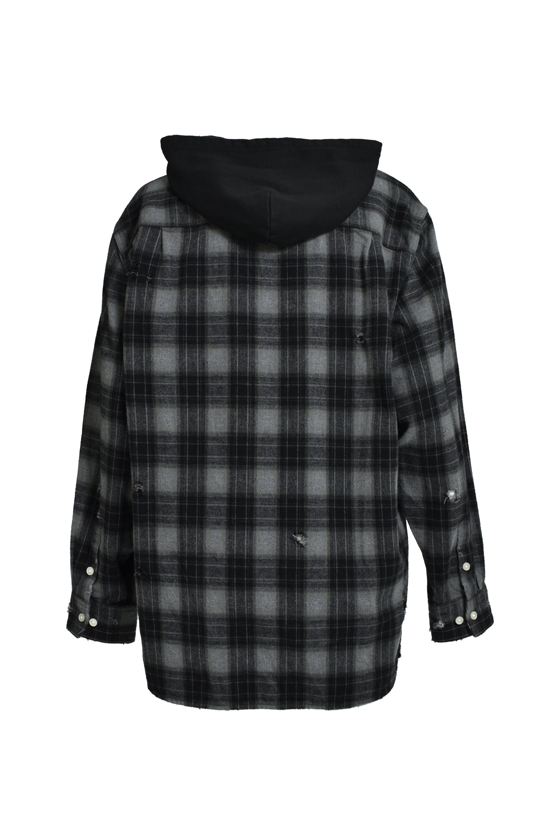 DISTRESSED HOODED CHECKED SHIRT / BLK 