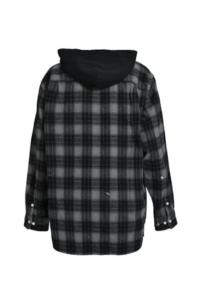 DISTRESSED HOODED CHECKED SHIRT / BLK 