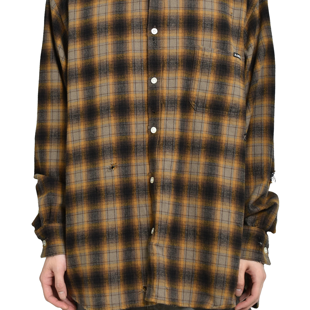 KAMIYA カミヤ FW25 DISTRESSED HOODED CHECKED SHIRT / BRW - NUBIAN