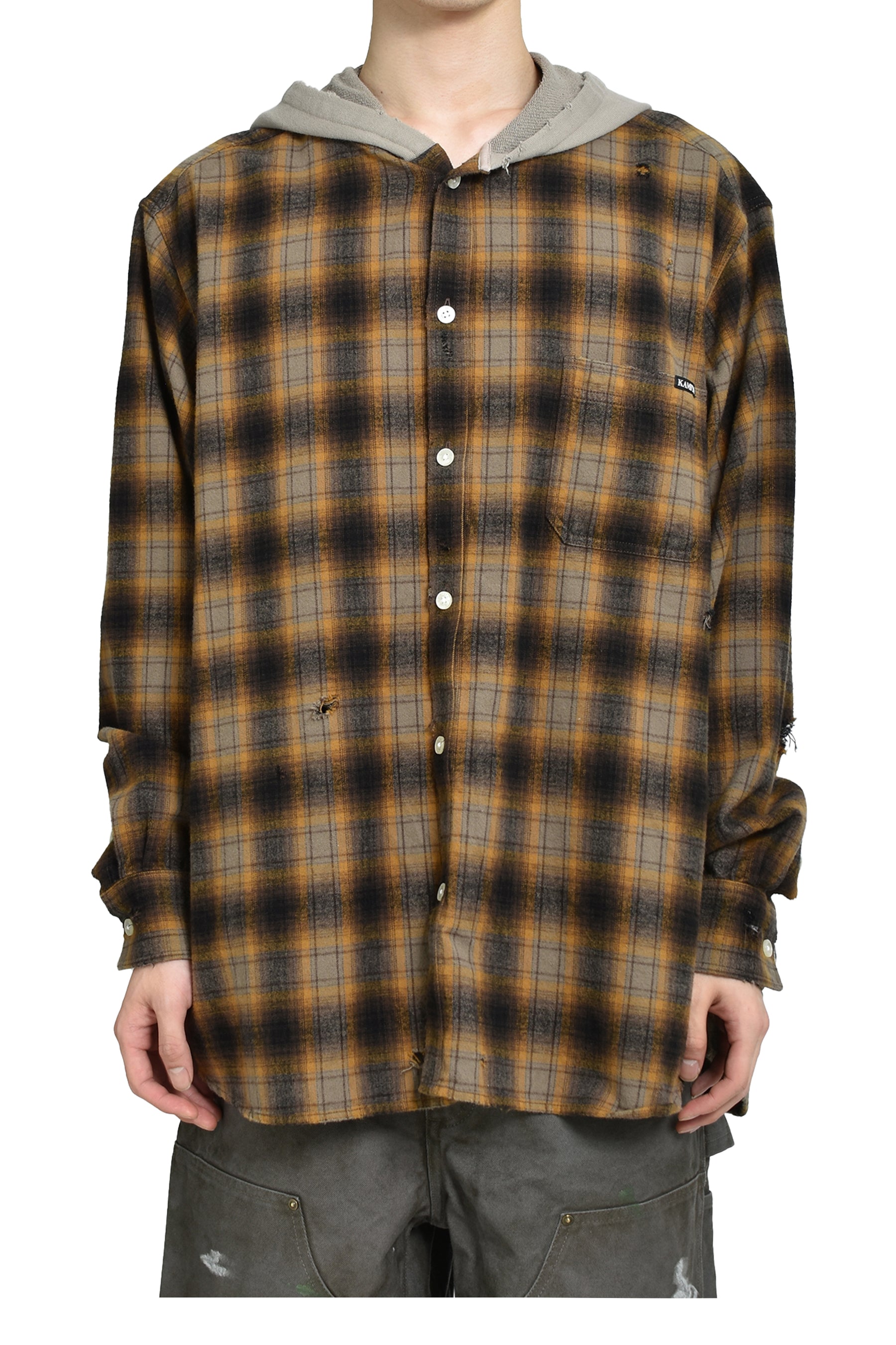 KAMIYA カミヤ FW25 DISTRESSED HOODED CHECKED SHIRT / BRW
