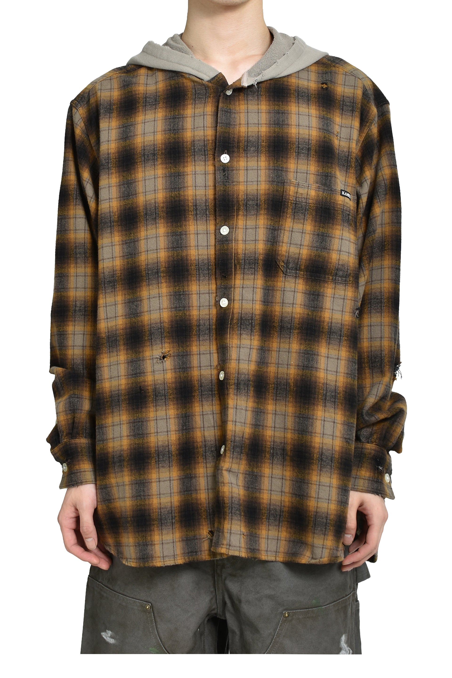 DISTRESSED HOODED CHECKED SHIRT / BRW