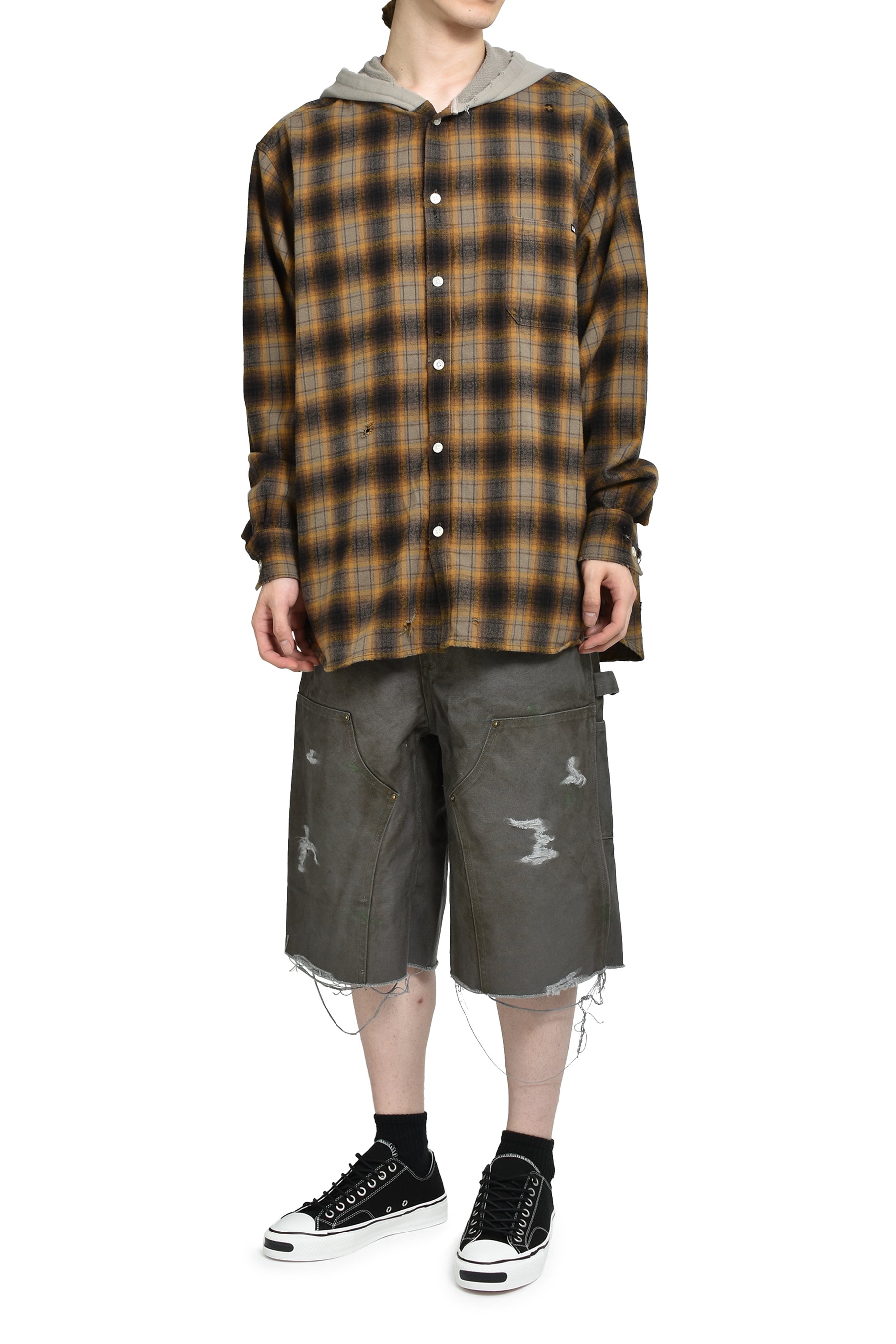 DISTRESSED HOODED CHECKED SHIRT / BRW