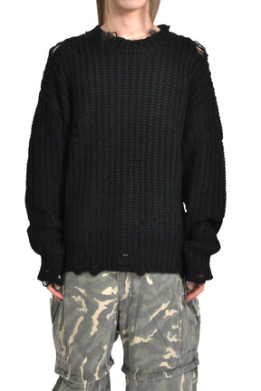 DISTRESSED KNIT PULLOVER / BLK