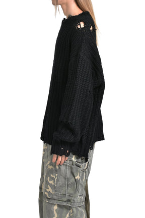 DISTRESSED KNIT PULLOVER / BLK