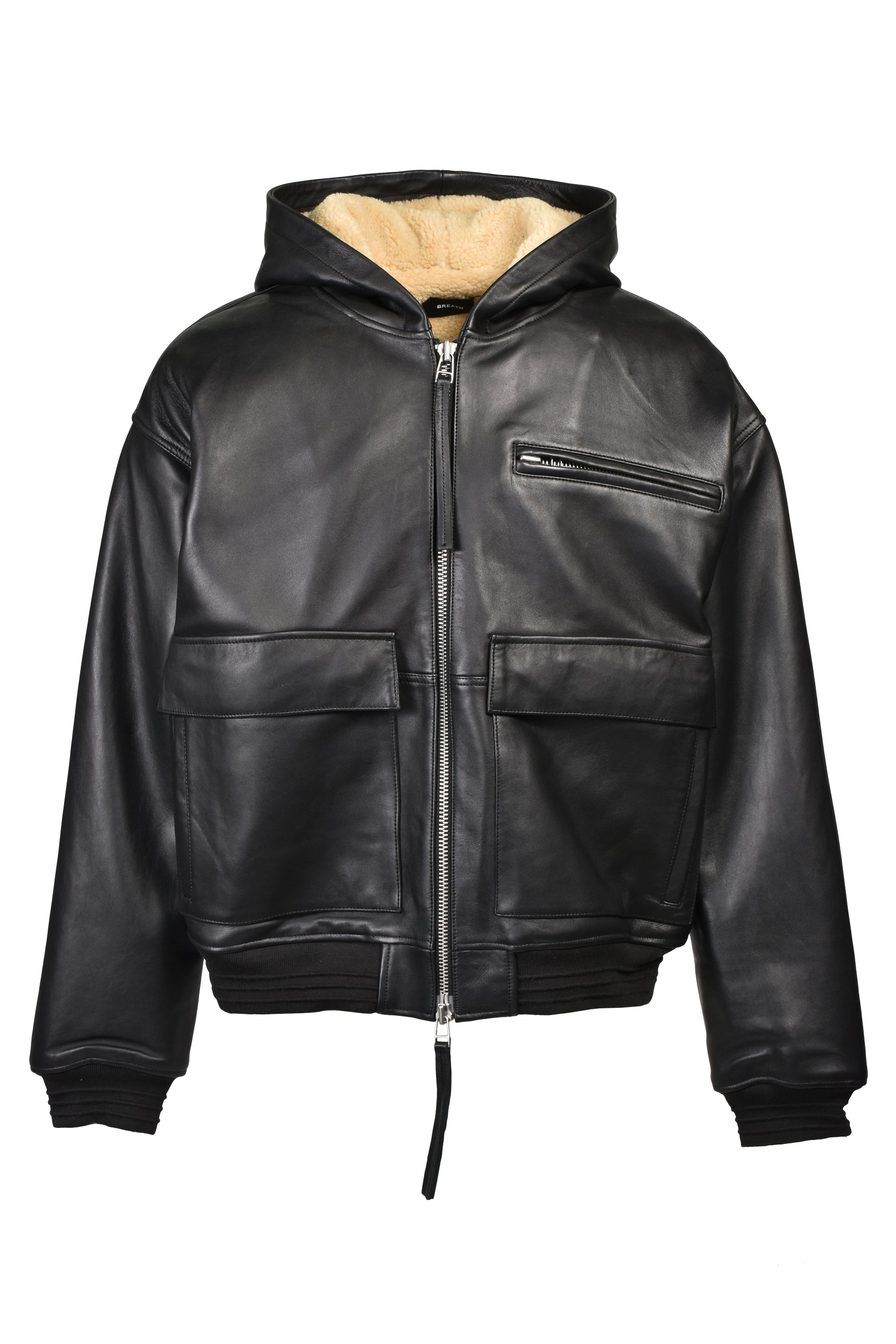 LEATHER ZIP HOODIE / BLK