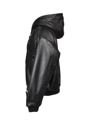 LEATHER ZIP HOODIE / BLK