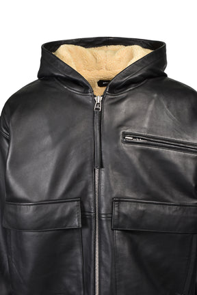 LEATHER ZIP HOODIE / BLK