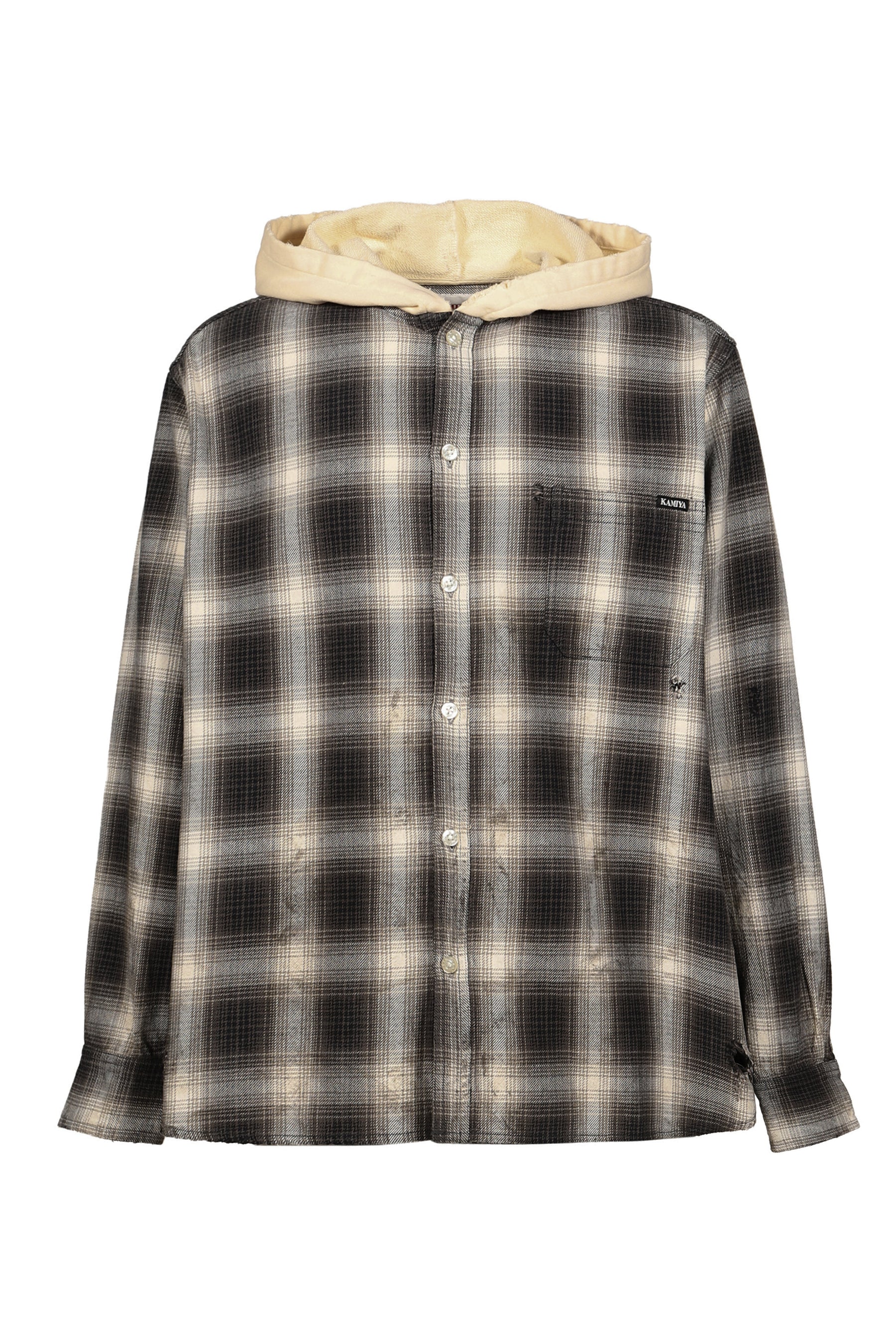 OG CHECK SUN-FADED HOODED SHIRT / BLK