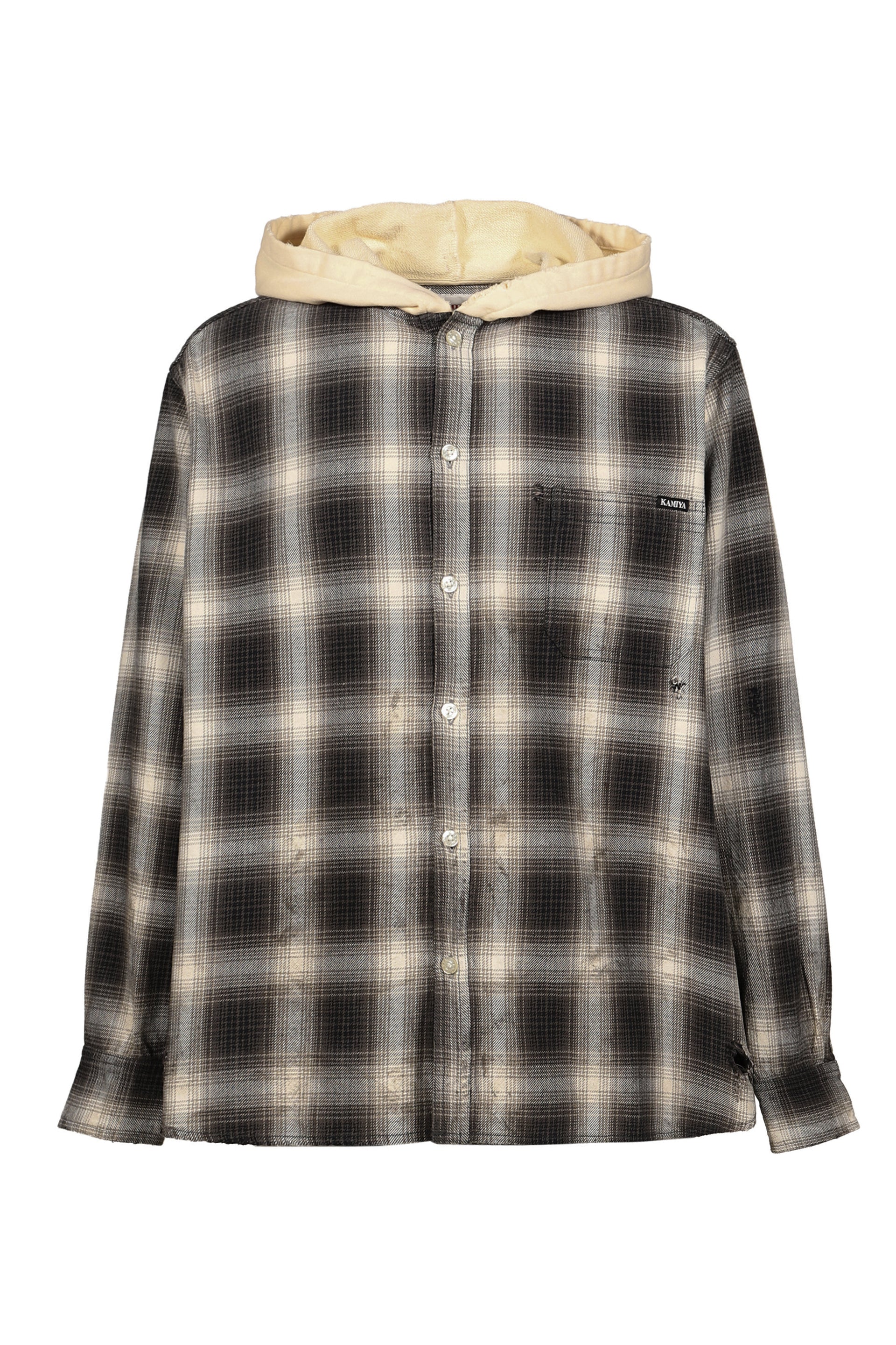 OG CHECK SUN-FADED HOODED SHIRT / BLK