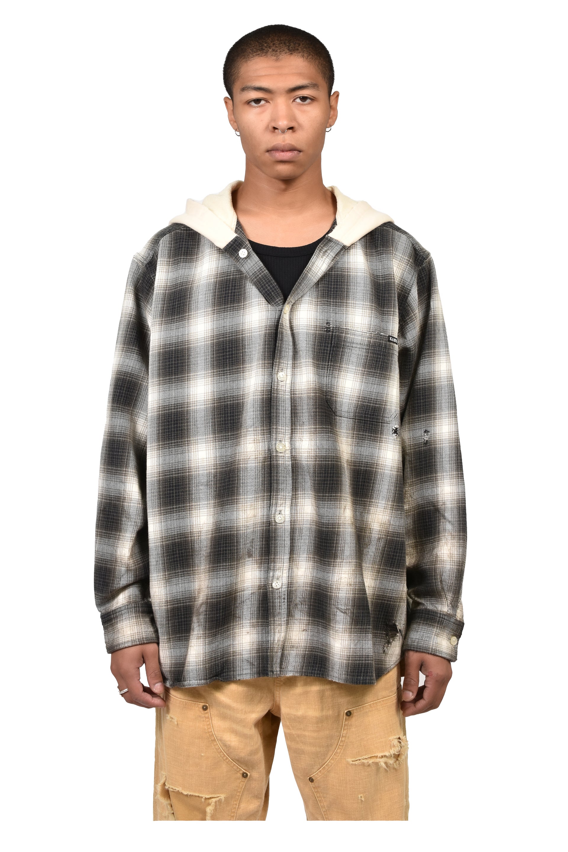 OG CHECK SUN-FADED HOODED SHIRT / BLK