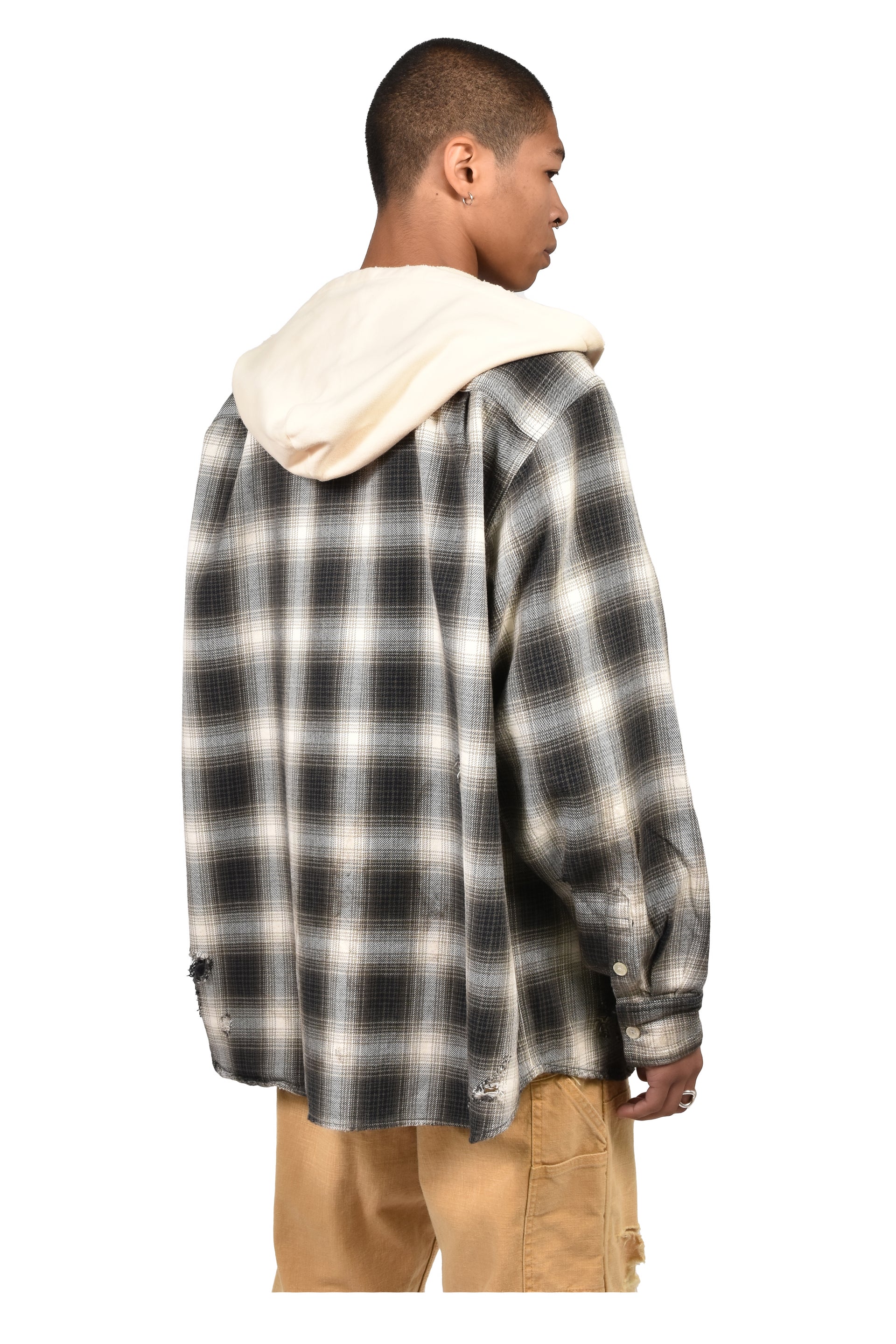 OG CHECK SUN-FADED HOODED SHIRT / BLK