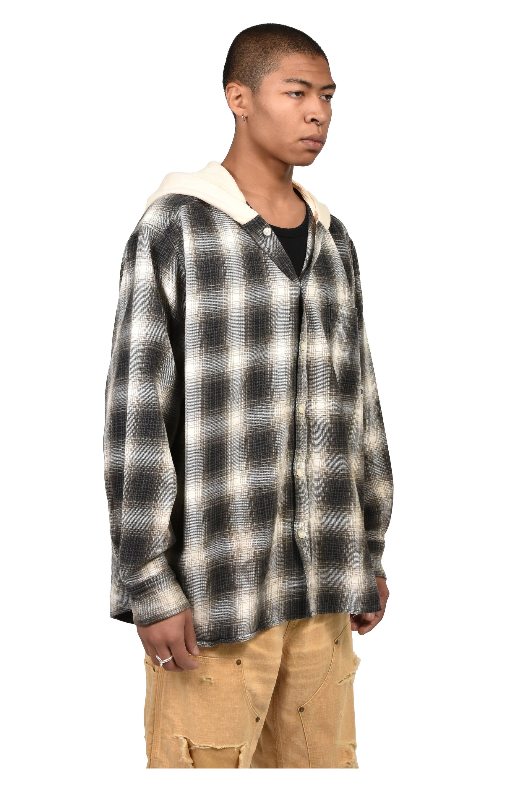OG CHECK SUN-FADED HOODED SHIRT / BLK