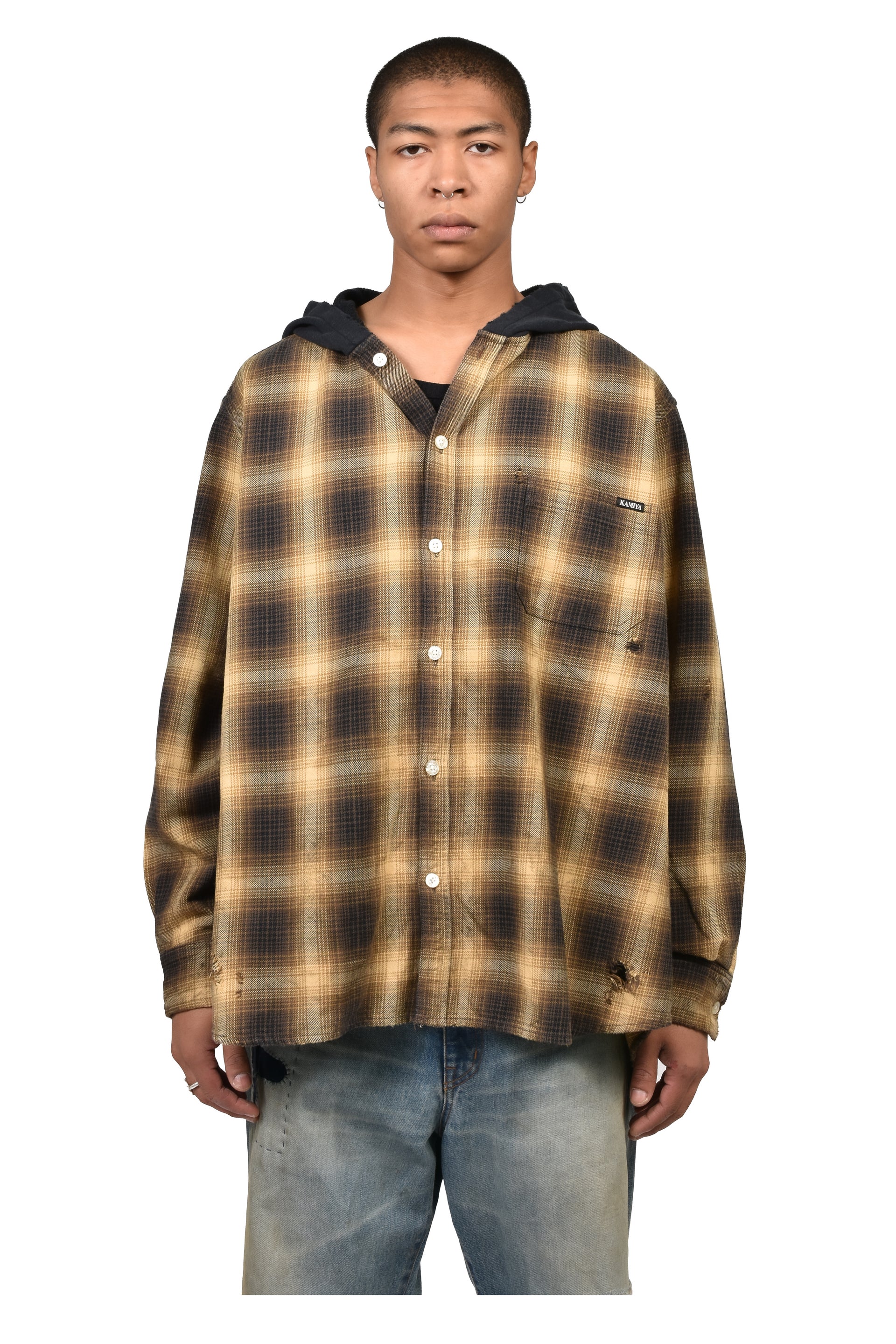 OG CHECK SUN-FADED HOODED SHIRT / YEL