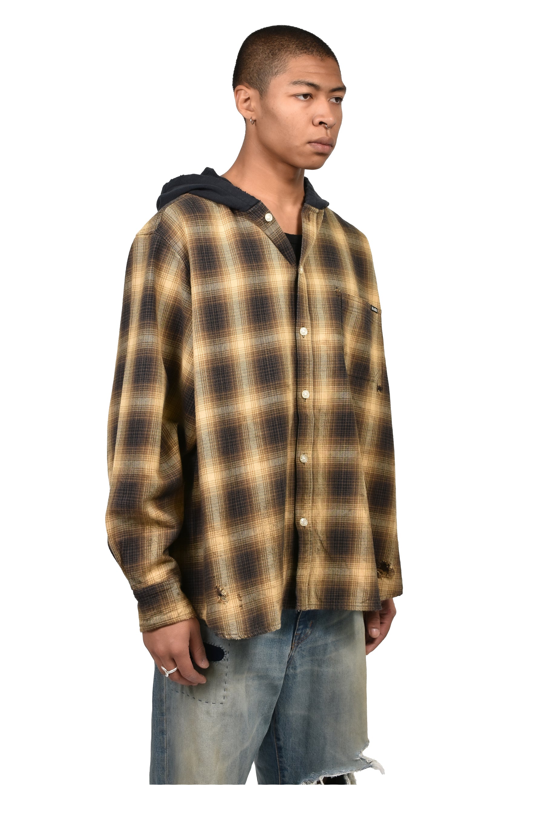OG CHECK SUN-FADED HOODED SHIRT / YEL