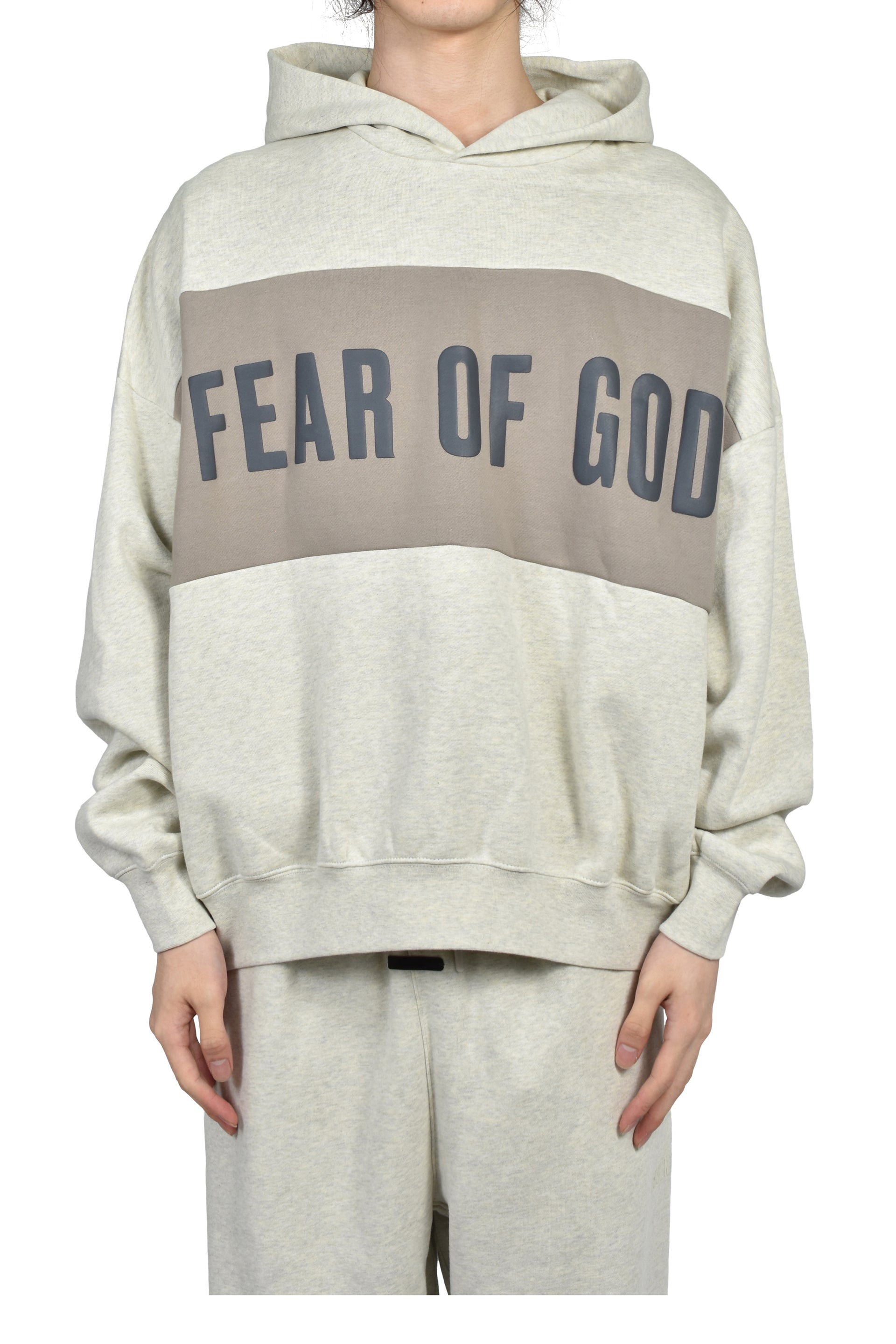 CROPPED RELAXED PANELLED HOODIE / VANILLA HEATHER / SEAL