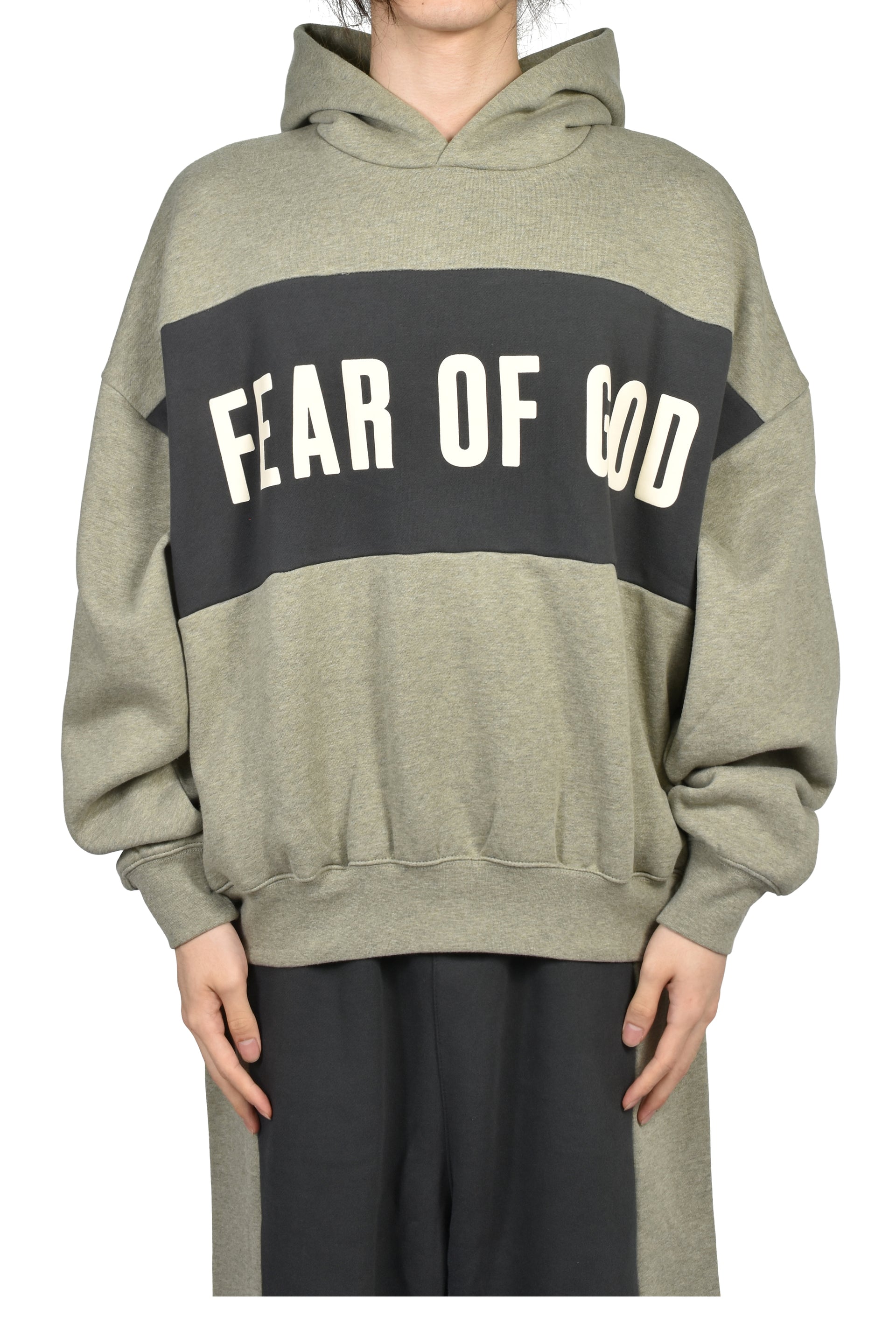 CROPPED RELAXED PANELLED HOODIE / SEAL HEATHER / IRON GRY