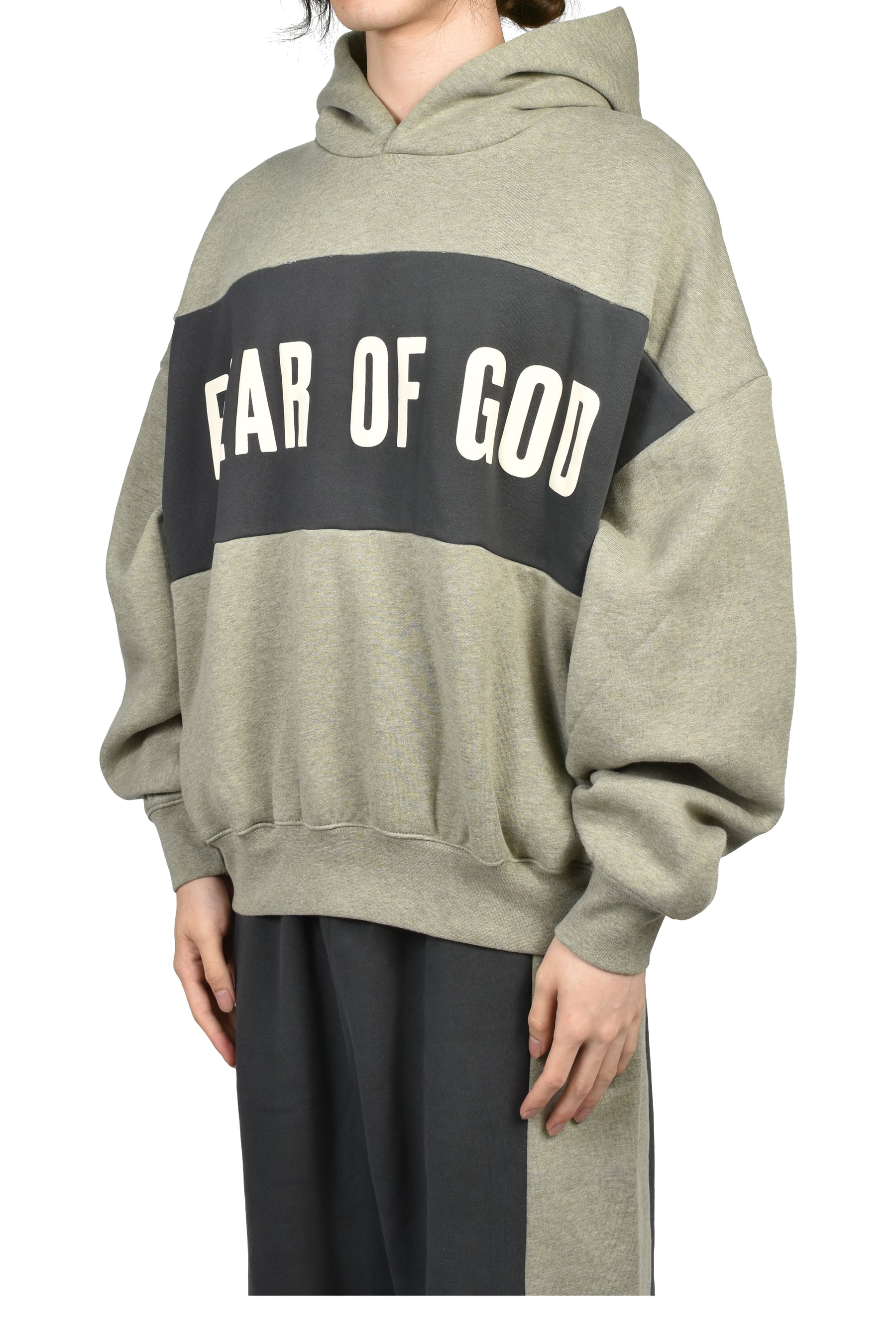 CROPPED RELAXED PANELLED HOODIE / SEAL HEATHER / IRON GRY