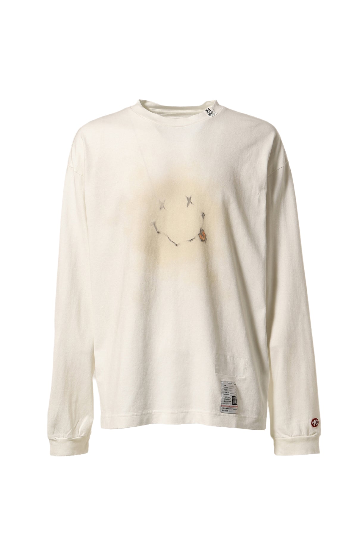 DISTRESSED SMILY FACE PRINTED LONG SLEEVES TEE/WHT