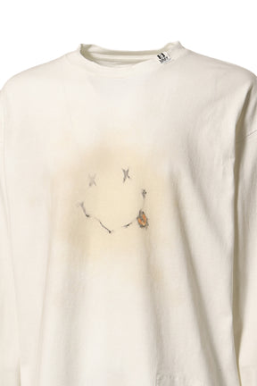DISTRESSED SMILY FACE PRINTED LONG SLEEVES TEE/WHT