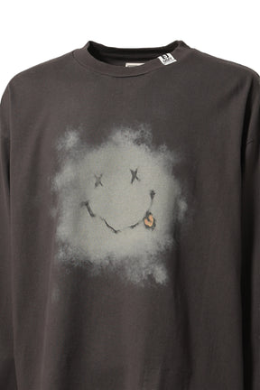 DISTRESSED SMILY FACE PRINTED LONG SLEEVES TEE/BLK