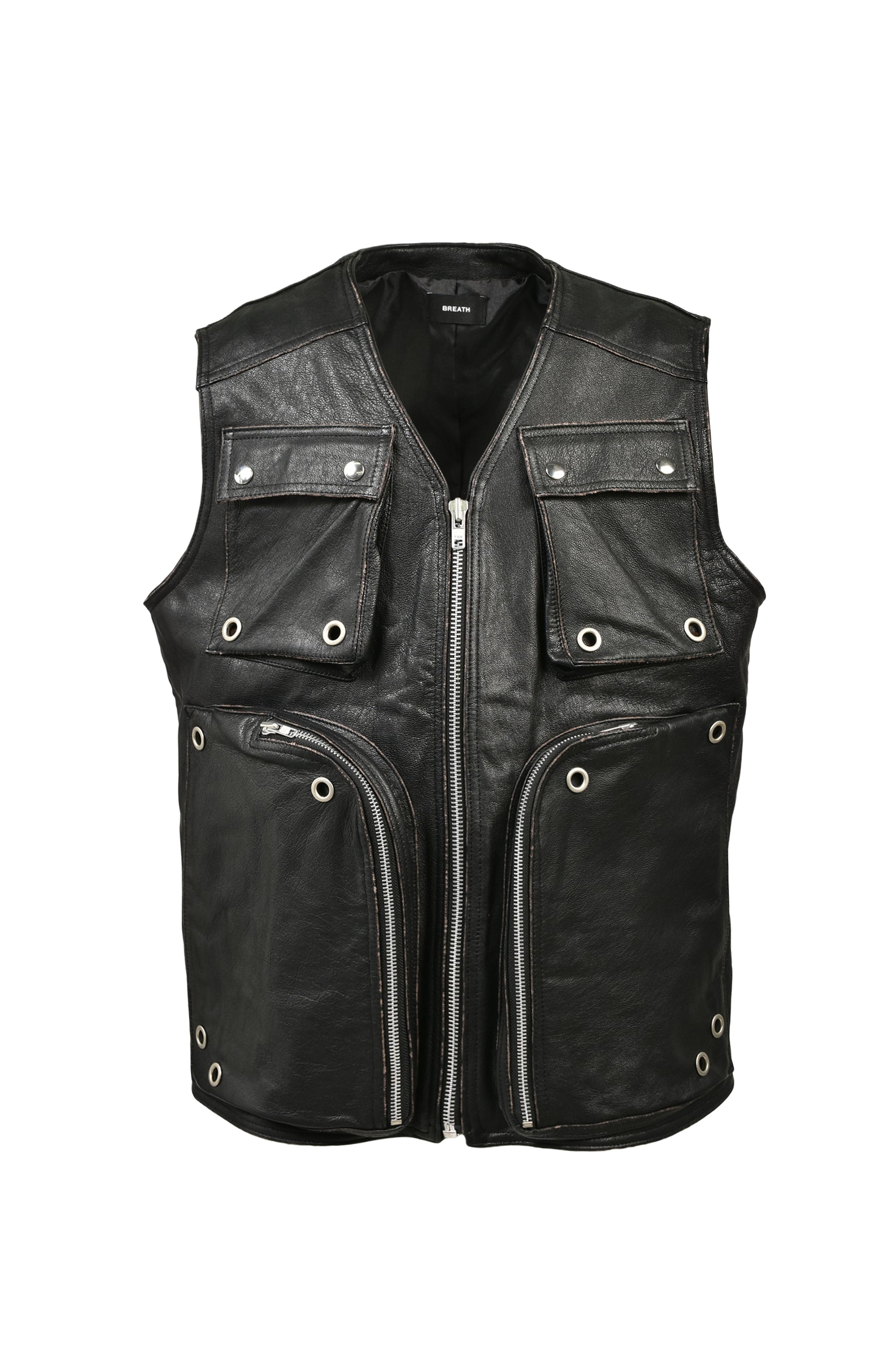 GRUNGE LEATHER CARGO VEST / BLK
