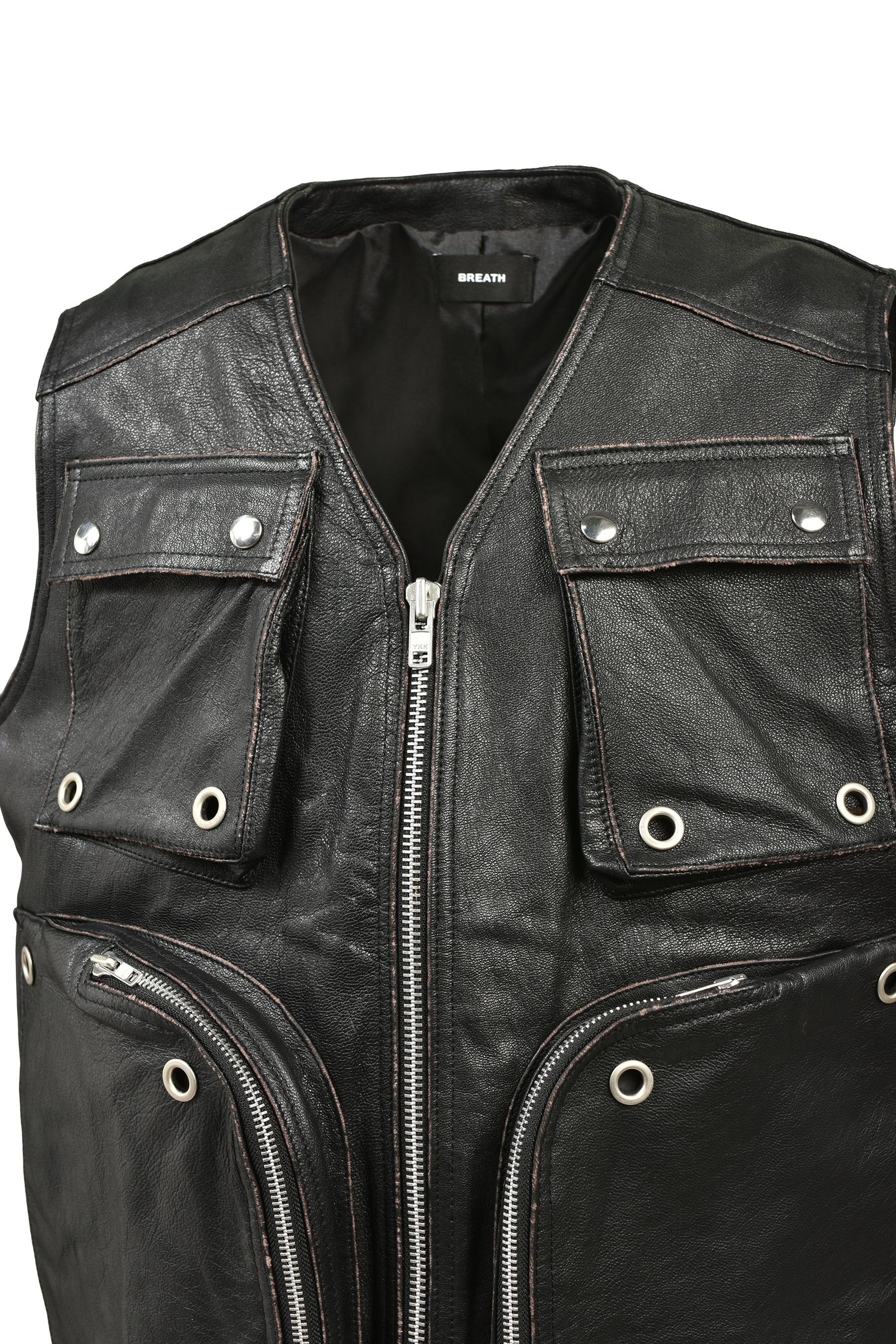 GRUNGE LEATHER CARGO VEST / BLK