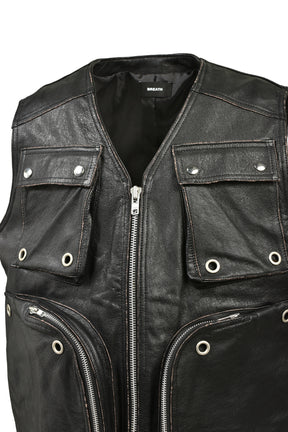 GRUNGE LEATHER CARGO VEST / BLK