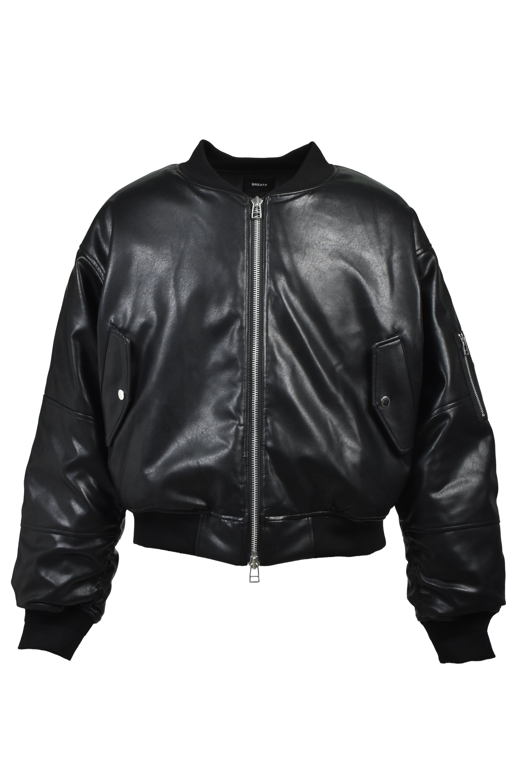FAUX LEATHER BOMBER JACKET / BLK 
