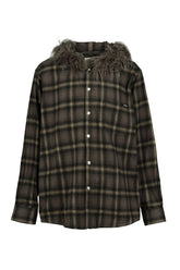 FUR-TRIMMED HOODED CHECK SHIRT / BRW