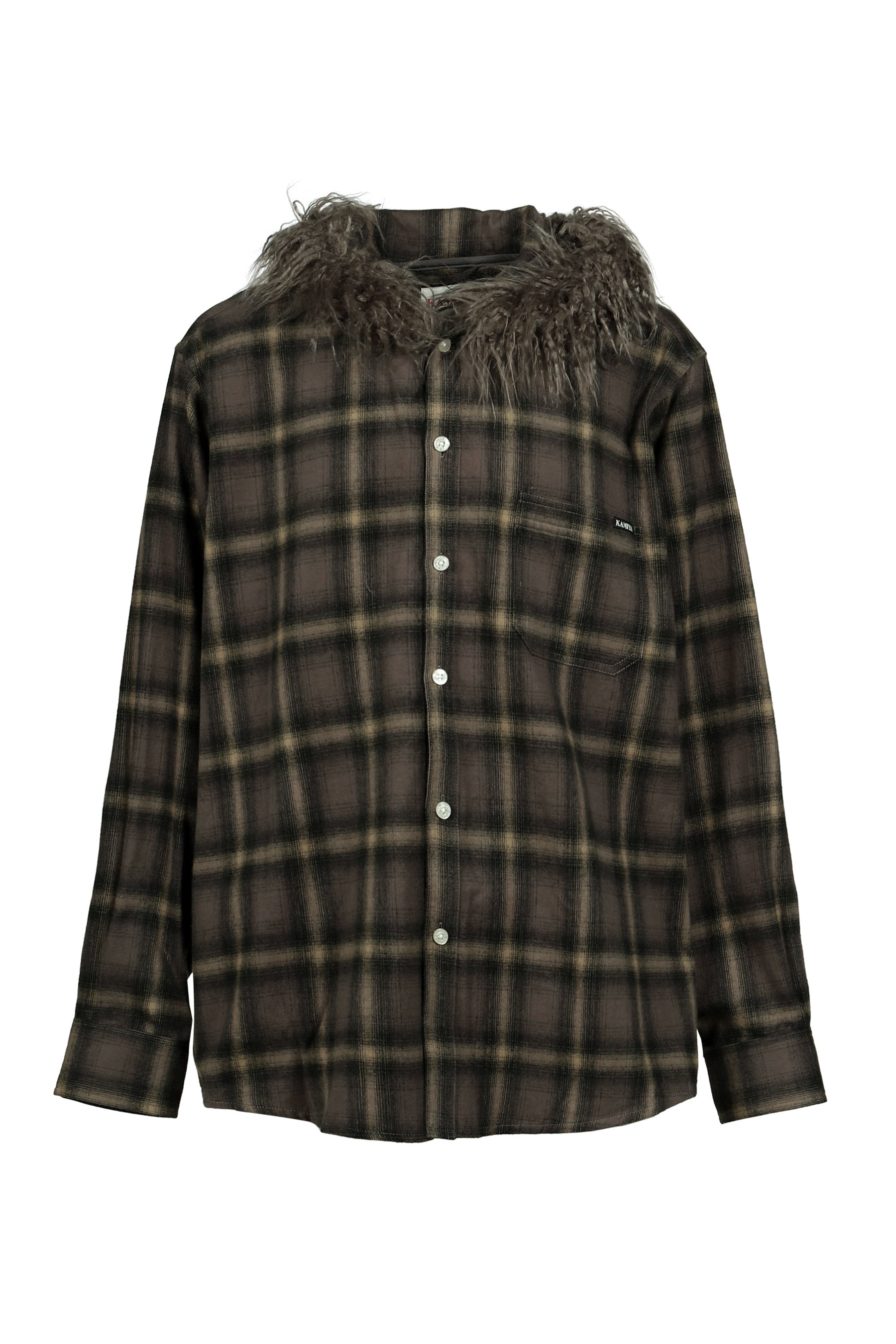 FUR-TRIMMED HOODED CHECK SHIRT / BRW