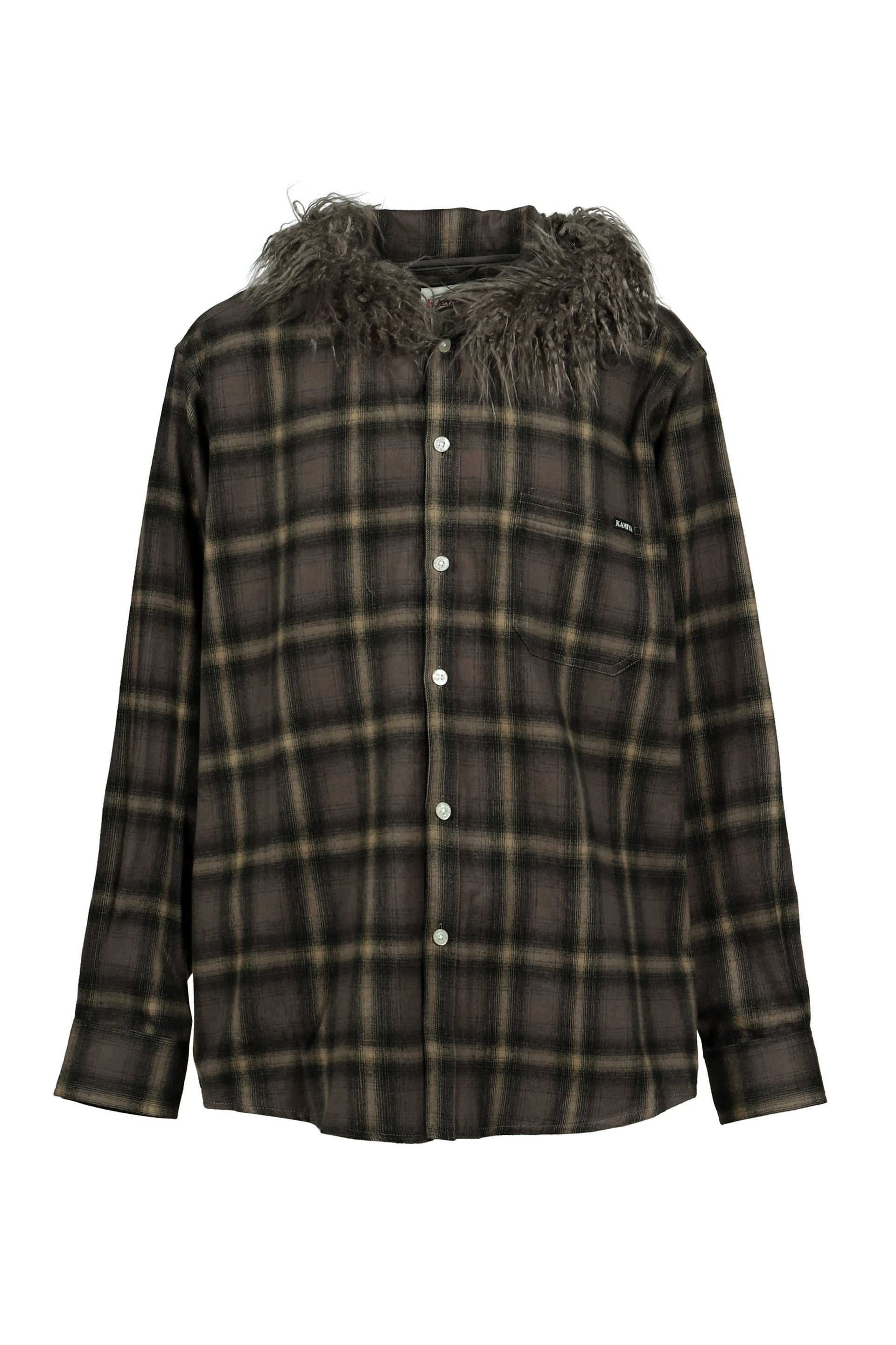 FUR-TRIMMED HOODED CHECK SHIRT / BRW