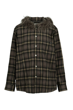 FUR-TRIMMED HOODED CHECK SHIRT / BRW